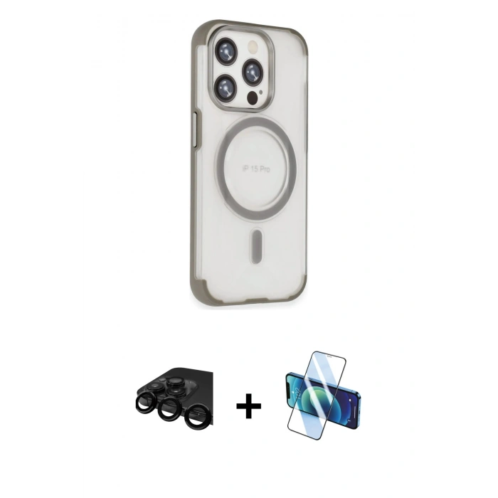MARSİLYAN™- iPhone 15 Pro Kılıf Eksen Klasik Koleksiyonu - Siyah 3D Antistatik Cam Ekran Koruyucu + Siyah Raze Metal Kamera Lens