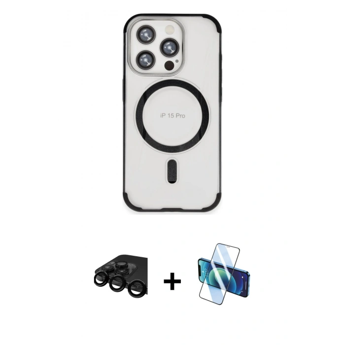 MARSİLYAN™- iPhone 15 Pro Kılıf Eksen Klasik Koleksiyonu - Siyah 3D Antistatik Cam Ekran Koruyucu + Siyah Raze Metal Kamera Lens