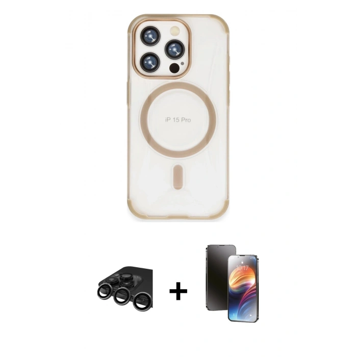 MARSİLYAN™- iPhone 15 Pro Kılıf Eksen Klasik Koleksiyonu - Siyah 3D Antistatik Mat Seramik Nano Ekran Koruyucu + Raze Metal Kamera Lens - TMGI