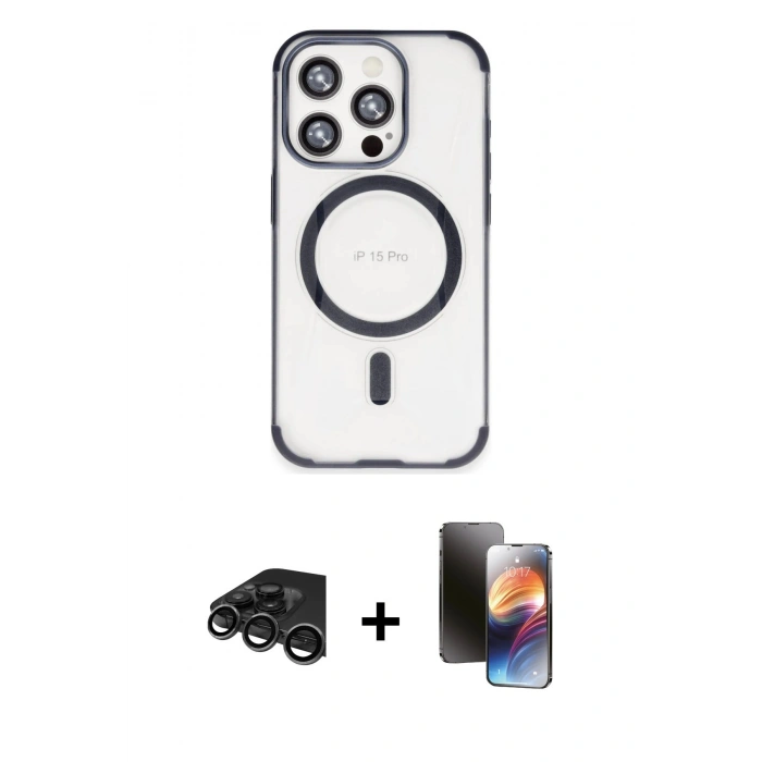 MARSİLYAN™- iPhone 15 Pro Kılıf Eksen Klasik Koleksiyonu - Siyah 3D Antistatik Mat Seramik Nano Ekran Koruyucu + Raze Metal Kamera Lens - TMGI