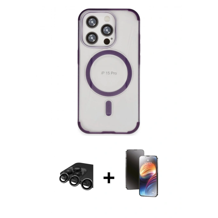 MARSİLYAN™- iPhone 15 Pro Kılıf Eksen Klasik Koleksiyonu - Siyah 3D Antistatik Mat Seramik Nano Ekran Koruyucu + Raze Metal Kamera Lens - TMGI