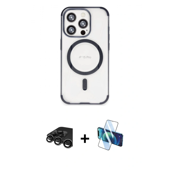 MARSİLYAN™- iPhone 15 Pro Kılıf Eksen Klasik Koleksiyonu - Siyah 3D Antistatik Seramik Nano Ekran Koruyucu + Raze Metal Kamera Lens - TMGI