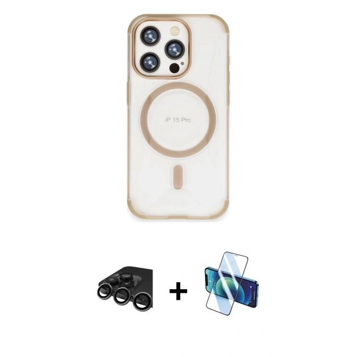 MARSİLYAN™- iPhone 15 Pro Kılıf Eksen Klasik Koleksiyonu - Siyah 3D Antistatik Seramik Nano Ekran Koruyucu + Raze Metal Kamera Lens - TMGI
