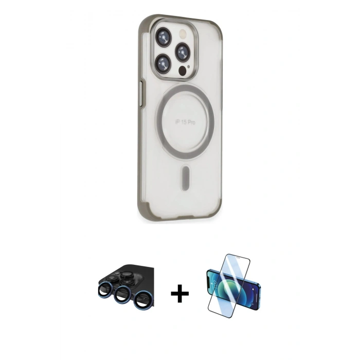 MARSİLYAN™- iPhone 15 Pro Kılıf Eksen Klasik Koleksiyonu - Siyah 3D Antistatik Seramik Nano Ekran Koruyucu + Raze Metal Kamera Lens - LT
