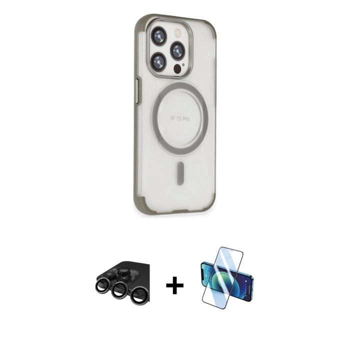 MARSİLYAN™- iPhone 15 Pro Kılıf Eksen Klasik Koleksiyonu - Siyah 3D Antistatik Seramik Nano Ekran Koruyucu + Raze Metal Kamera Lens - TMGI