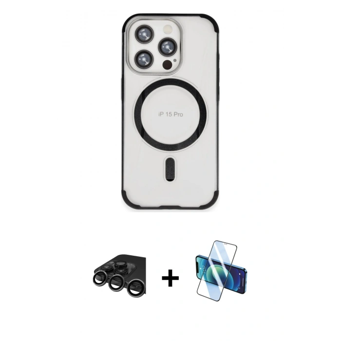 MARSİLYAN™- iPhone 15 Pro Kılıf Eksen Klasik Koleksiyonu - Siyah 3D Antistatik Seramik Nano Ekran Koruyucu + Raze Metal Kamera Lens - TMGI