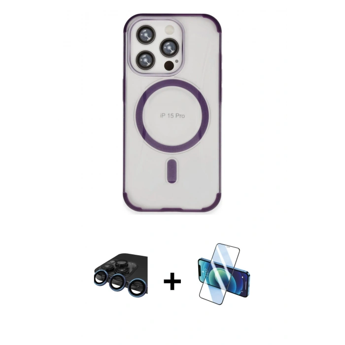MARSİLYAN™- iPhone 15 Pro Kılıf Eksen Klasik Koleksiyonu - Siyah 3D Antistatik Seramik Nano Ekran Koruyucu + Raze Metal Kamera Lens - LT