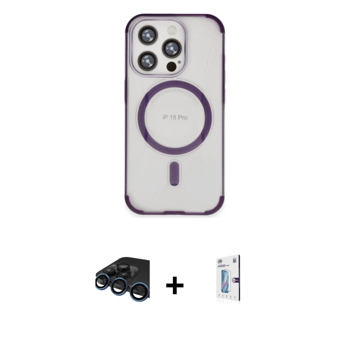 MARSİLYAN™- iPhone 15 Pro Kılıf Eksen Klasik Koleksiyonu - Siyah Bilvis 0.18mm Plus Cam Ekran Koruyucu + Raze Metal Kamera Lens - LT