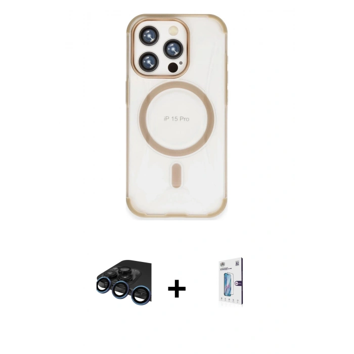 MARSİLYAN™- iPhone 15 Pro Kılıf Eksen Klasik Koleksiyonu - Siyah Bilvis 0.18mm Plus Cam Ekran Koruyucu + Raze Metal Kamera Lens - LT