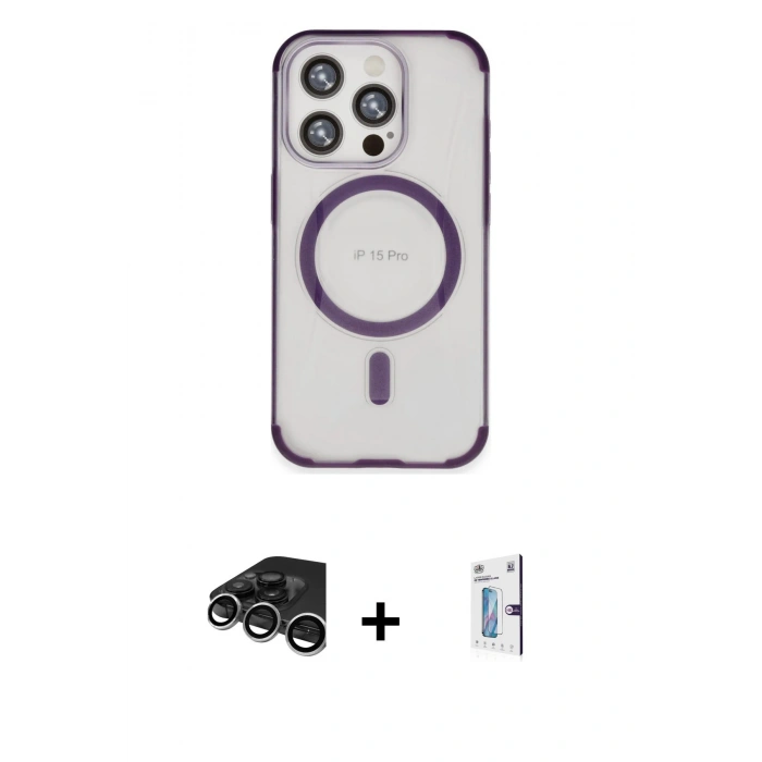 MARSİLYAN™- iPhone 15 Pro Kılıf Eksen Klasik Koleksiyonu - Siyah Bilvis 0.18mm Plus Cam Ekran Koruyucu + Raze Metal Kamera Lens - GS