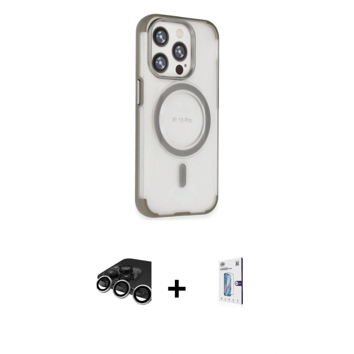 MARSİLYAN™- iPhone 15 Pro Kılıf Eksen Klasik Koleksiyonu - Siyah Bilvis 0.18mm Plus Cam Ekran Koruyucu + Raze Metal Kamera Lens - GS