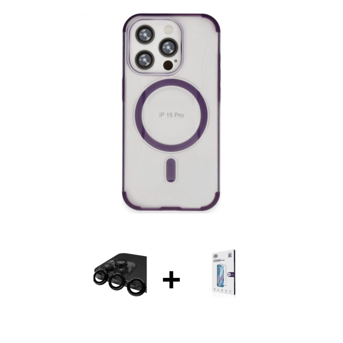 MARSİLYAN™- iPhone 15 Pro Kılıf Eksen Klasik Koleksiyonu - Siyah Bilvis 0.18mm Plus Cam Ekran Koruyucu + Siyah Raze Metal Kamera Lens