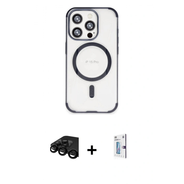 MARSİLYAN™- iPhone 15 Pro Kılıf Eksen Klasik Koleksiyonu - Siyah Bilvis 0.18mm Plus Cam Ekran Koruyucu + Siyah Raze Metal Kamera Lens