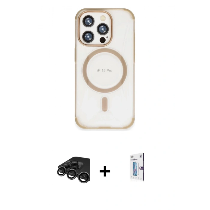 MARSİLYAN™- iPhone 15 Pro Kılıf Eksen Klasik Koleksiyonu - Siyah Bilvis 0.18mm Plus Cam Ekran Koruyucu + Raze Metal Kamera Lens - TMGI