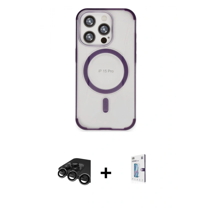MARSİLYAN™- iPhone 15 Pro Kılıf Eksen Klasik Koleksiyonu - Siyah Bilvis 0.18mm Plus Cam Ekran Koruyucu + Raze Metal Kamera Lens - TMGI