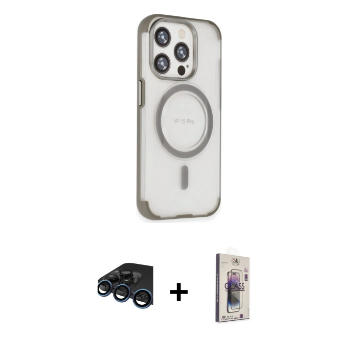MARSİLYAN™- iPhone 15 Pro Kılıf Eksen Klasik Koleksiyonu - Siyah Bilvis 3D Cam Ekran Koruyucu + Raze Metal Kamera Lens - LT