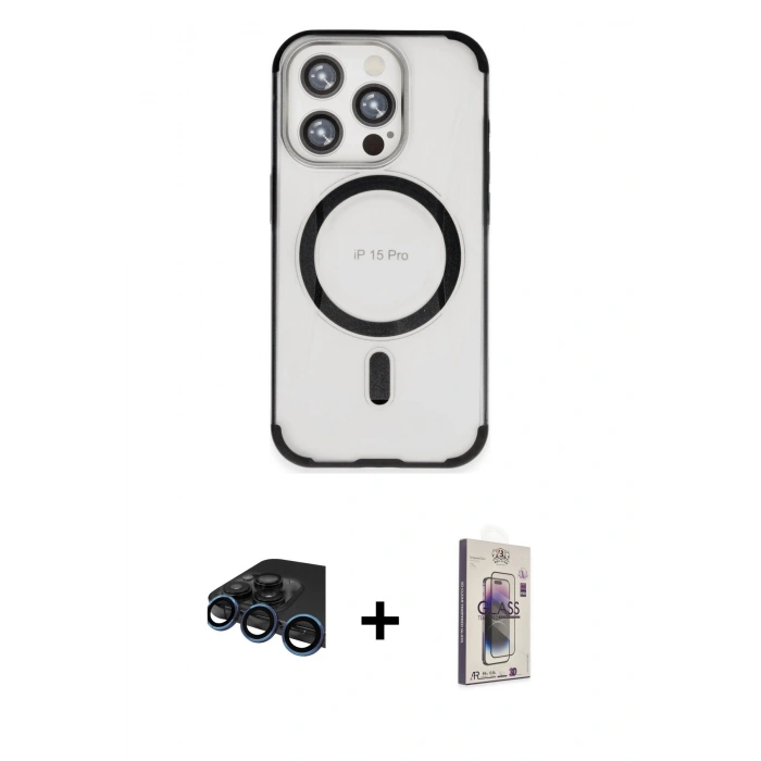 MARSİLYAN™- iPhone 15 Pro Kılıf Eksen Klasik Koleksiyonu - Siyah Bilvis 3D Cam Ekran Koruyucu + Raze Metal Kamera Lens - LT