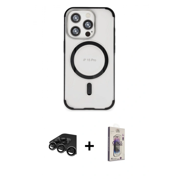 MARSİLYAN™- iPhone 15 Pro Kılıf Eksen Klasik Koleksiyonu - Siyah Bilvis 3D Cam Ekran Koruyucu + Titanyum Gri Raze Metal Kamera Lens
