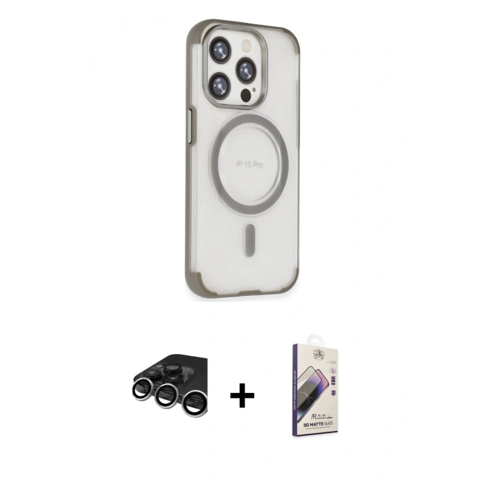 MARSİLYAN™- iPhone 15 Pro Kılıf Eksen Klasik Koleksiyonu - Siyah Bilvis 3D Mat Cam Ekran Koruyucu + Raze Metal Kamera Lens - GS