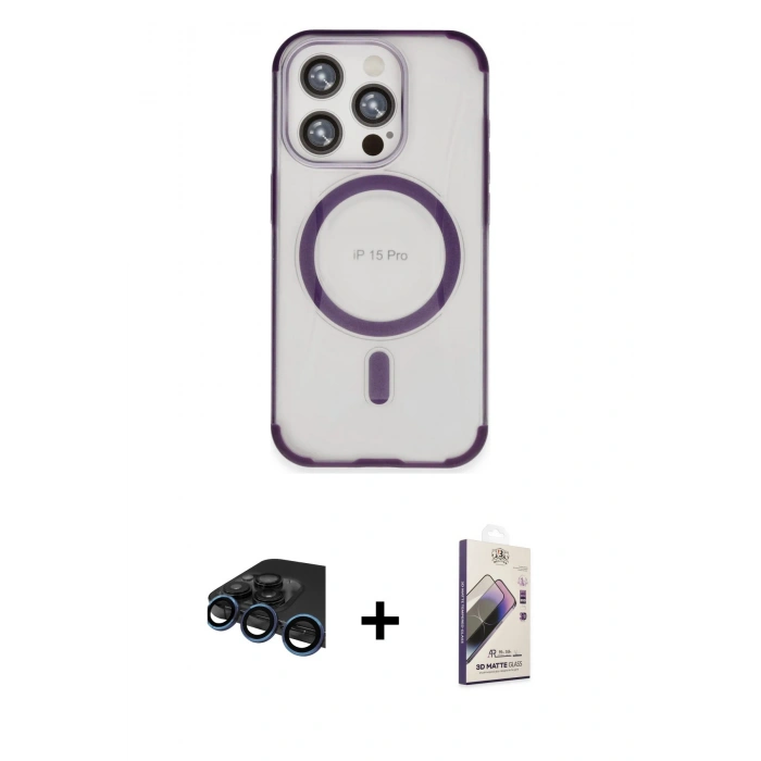MARSİLYAN™- iPhone 15 Pro Kılıf Eksen Klasik Koleksiyonu - Siyah Bilvis 3D Mat Cam Ekran Koruyucu + Raze Metal Kamera Lens - LT