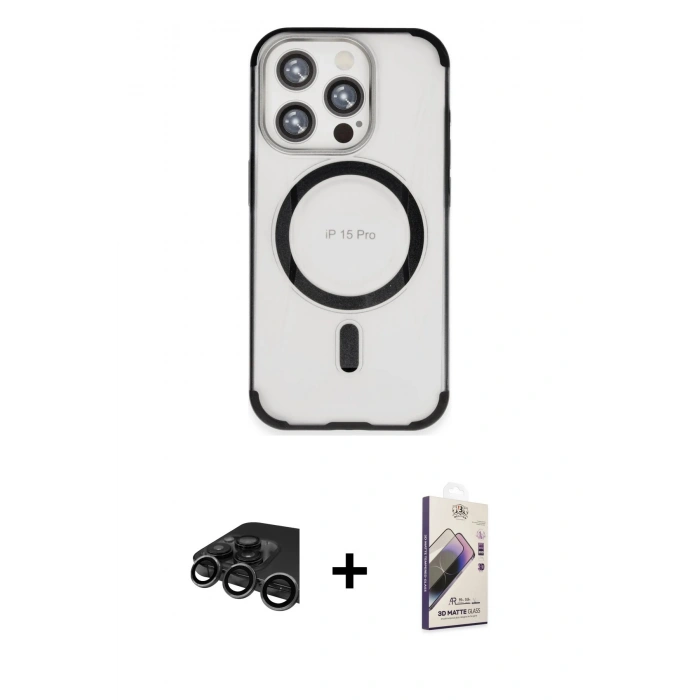 MARSİLYAN™- iPhone 15 Pro Kılıf Eksen Klasik Koleksiyonu - Siyah Bilvis 3D Mat Cam Ekran Koruyucu + Raze Metal Kamera Lens - TMGI