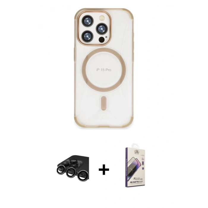 MARSİLYAN™- iPhone 15 Pro Kılıf Eksen Klasik Koleksiyonu - Siyah Bilvis 3D Mat Cam Ekran Koruyucu + Raze Metal Kamera Lens - TMGI