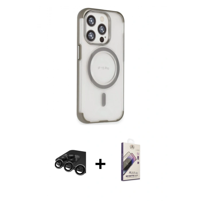 MARSİLYAN™- iPhone 15 Pro Kılıf Eksen Klasik Koleksiyonu - Siyah Bilvis 3D Mat Cam Ekran Koruyucu + Raze Metal Kamera Lens - TMGI