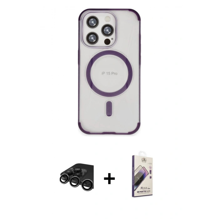 MARSİLYAN™- iPhone 15 Pro Kılıf Eksen Klasik Koleksiyonu - Siyah Bilvis 3D Mat Cam Ekran Koruyucu + Raze Metal Kamera Lens - TMGI