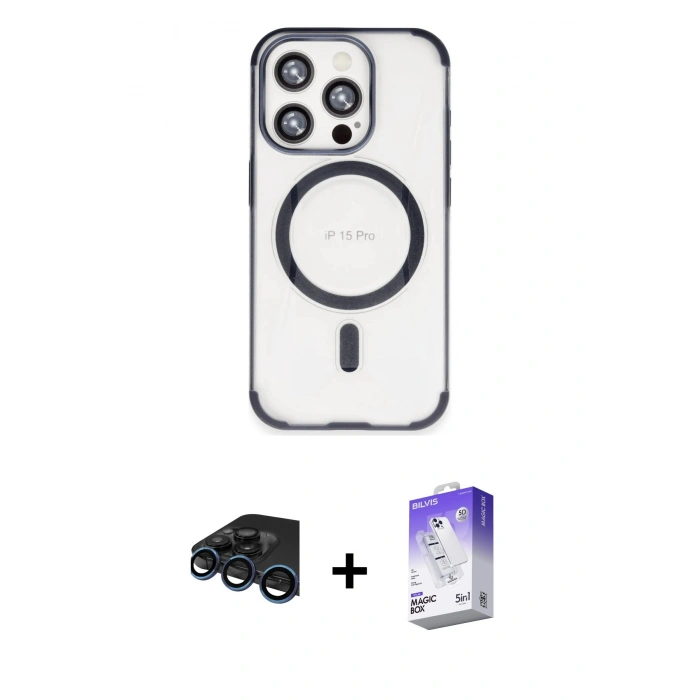 MARSİLYAN™- iPhone 15 Pro Kılıf Eksen Klasik Koleksiyonu - Siyah Bilvis 5in1 3D Magic Cam Ekran Koruyucu + Raze Metal Kamera Lens - LT