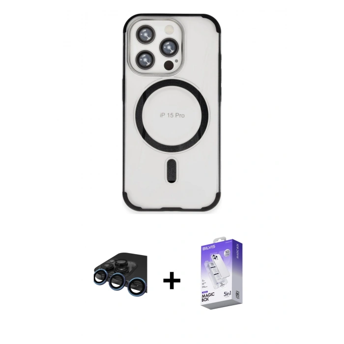 MARSİLYAN™- iPhone 15 Pro Kılıf Eksen Klasik Koleksiyonu - Siyah Bilvis 5in1 3D Magic Cam Ekran Koruyucu + Raze Metal Kamera Lens - LT