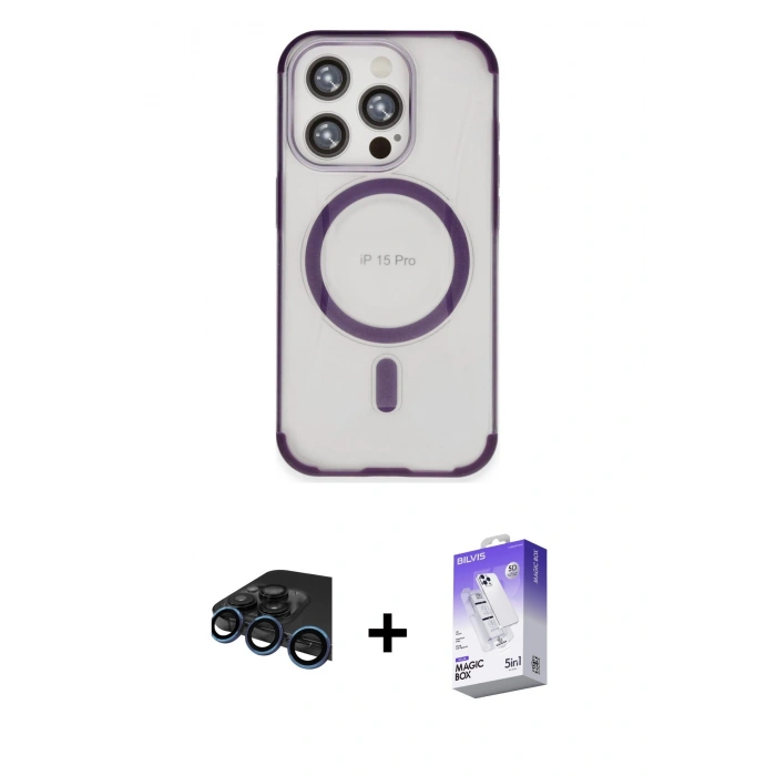 MARSİLYAN™- iPhone 15 Pro Kılıf Eksen Klasik Koleksiyonu - Siyah Bilvis 5in1 3D Magic Cam Ekran Koruyucu + Raze Metal Kamera Lens - LT