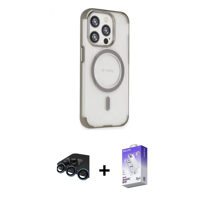 MARSİLYAN™- iPhone 15 Pro Kılıf Eksen Klasik Koleksiyonu - Siyah Bilvis 5in1 3D Magic Cam Ekran Koruyucu + Raze Metal Kamera Lens - LT