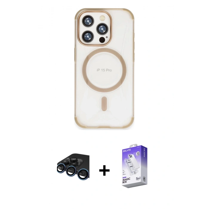 MARSİLYAN™- iPhone 15 Pro Kılıf Eksen Klasik Koleksiyonu - Siyah Bilvis 5in1 3D Magic Cam Ekran Koruyucu + Raze Metal Kamera Lens - LT
