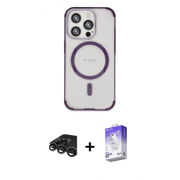 MARSİLYAN™- iPhone 15 Pro Kılıf Eksen Klasik Koleksiyonu - Siyah Bilvis 5in1 3D Magic Cam Ekran Koruyucu + Raze Metal Kamera Lens - TMGI