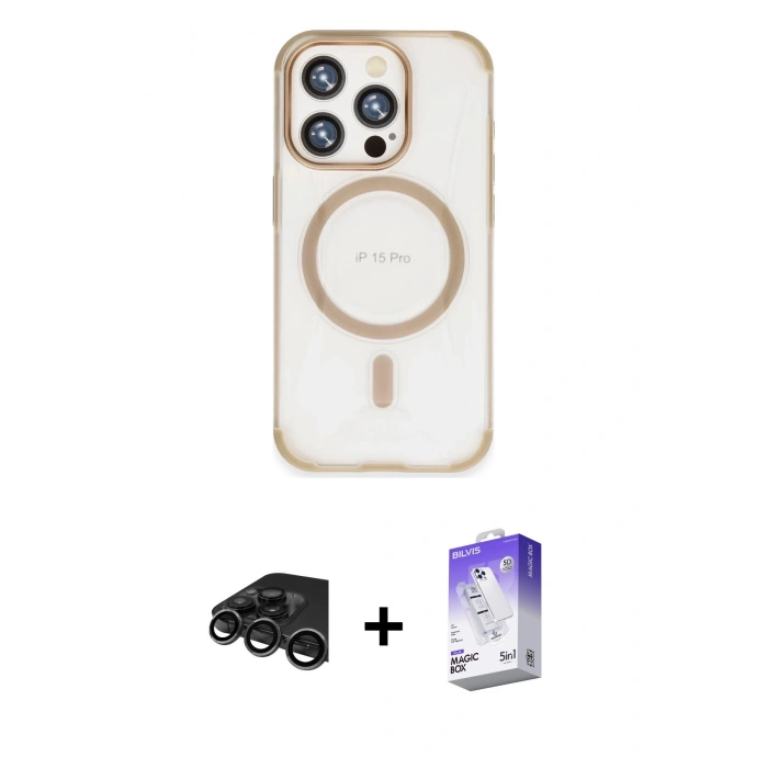 MARSİLYAN™- iPhone 15 Pro Kılıf Eksen Klasik Koleksiyonu - Siyah Bilvis 5in1 3D Magic Cam Ekran Koruyucu + Raze Metal Kamera Lens - TMGI