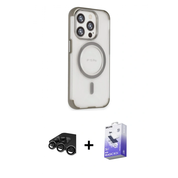 MARSİLYAN™- iPhone 15 Pro Kılıf Eksen Klasik Koleksiyonu - Siyah Bilvis 5in1 5D Magic Hayalet Cam Ekran Koruyucu + Titanyum Gri Raze Metal Kamera Lens