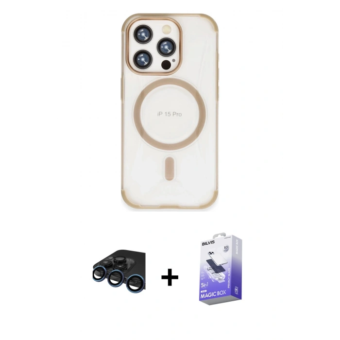 MARSİLYAN™- iPhone 15 Pro Kılıf Eksen Klasik Koleksiyonu - Siyah Bilvis 5in1 5D Magic Hayalet Cam Ekran Koruyucu + Raze Metal Kamera Lens - LT