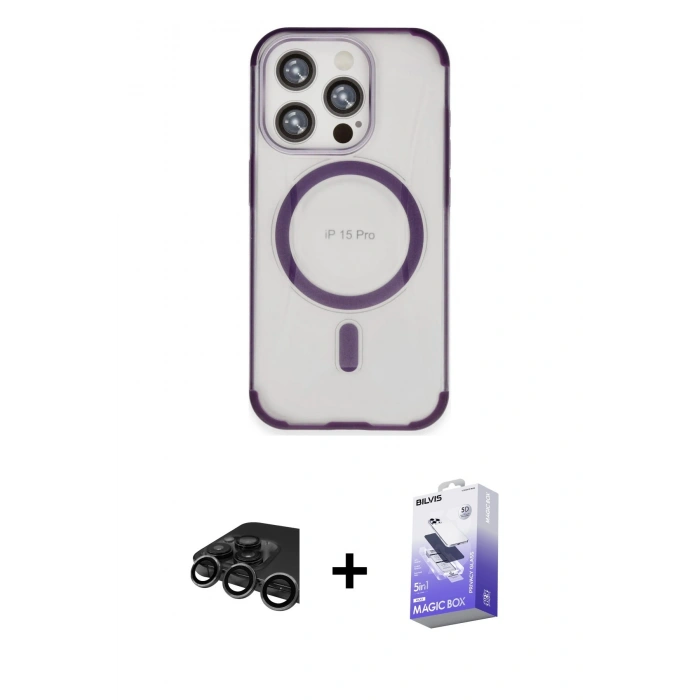 MARSİLYAN™- iPhone 15 Pro Kılıf Eksen Klasik Koleksiyonu - Siyah Bilvis 5in1 5D Magic Hayalet Cam Ekran Koruyucu + Titanyum Gri Raze Metal Kamera Lens