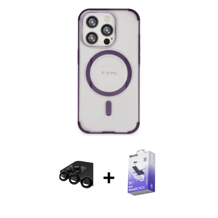 MARSİLYAN™- iPhone 15 Pro Kılıf Eksen Klasik Koleksiyonu - Siyah Bilvis 5in1 5D Magic Hayalet Cam Ekran Koruyucu + Raze Metal Kamera Lens - SH