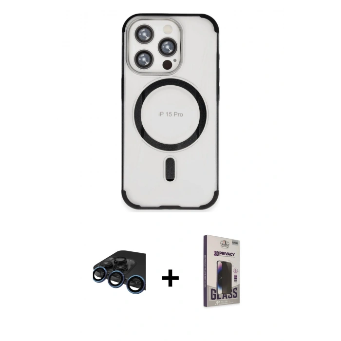 MARSİLYAN™- iPhone 15 Pro Kılıf Eksen Klasik Koleksiyonu - Siyah Bilvis Hayalet Cam Ekran Koruyucu + Raze Metal Kamera Lens - LT