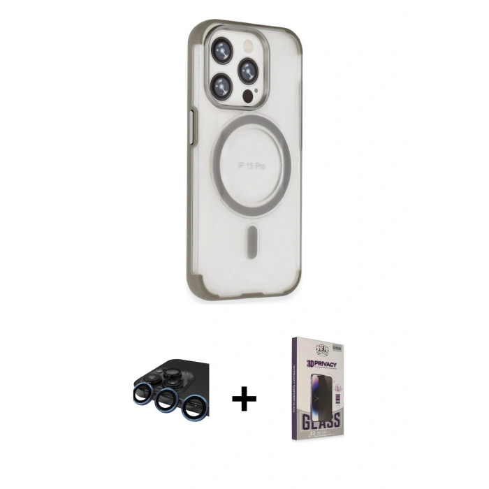 MARSİLYAN™- iPhone 15 Pro Kılıf Eksen Klasik Koleksiyonu - Siyah Bilvis Hayalet Cam Ekran Koruyucu + Raze Metal Kamera Lens - LT