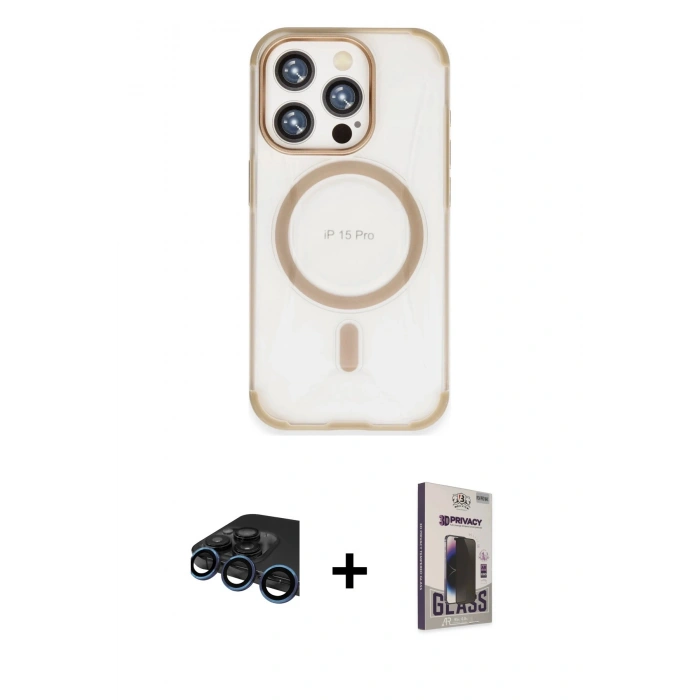 MARSİLYAN™- iPhone 15 Pro Kılıf Eksen Klasik Koleksiyonu - Siyah Bilvis Hayalet Cam Ekran Koruyucu + Raze Metal Kamera Lens - LT