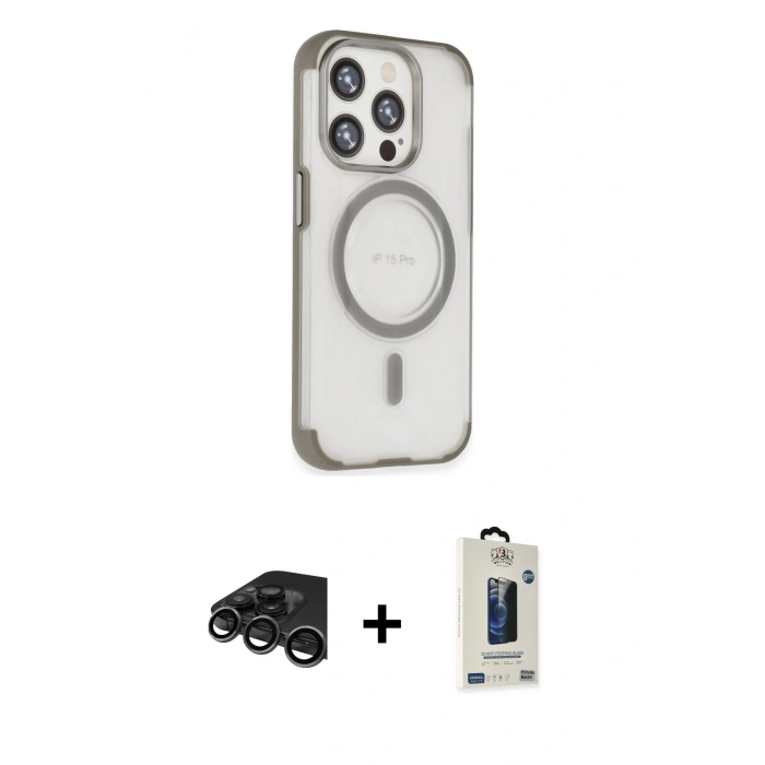 MARSİLYAN™- iPhone 15 Pro Kılıf Eksen Klasik Koleksiyonu - Siyah Bilvis Hayalet Cam Ekran Koruyucu + Raze Metal Kamera Lens - TMGI