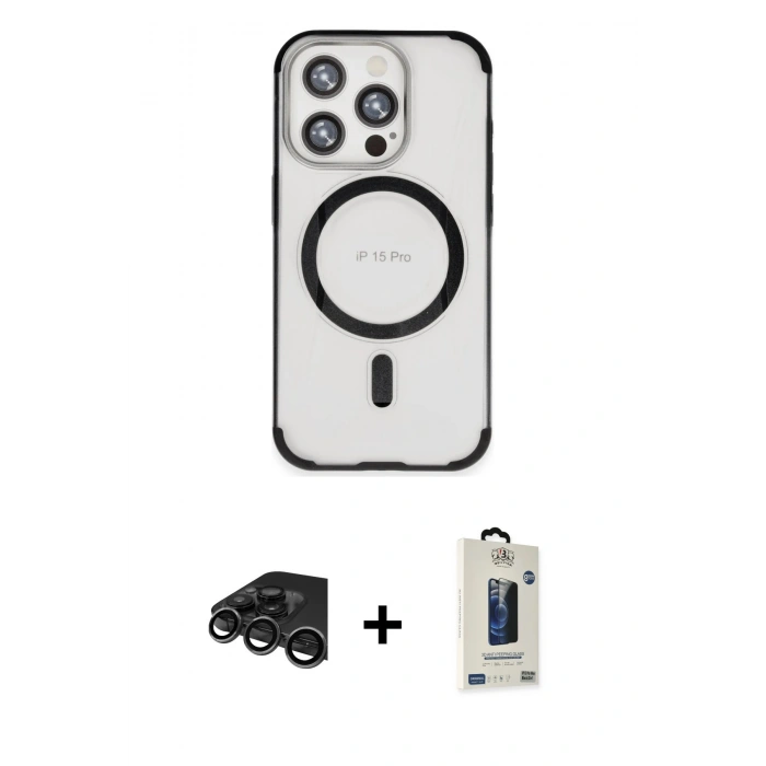 MARSİLYAN™- iPhone 15 Pro Kılıf Eksen Klasik Koleksiyonu - Siyah Bilvis Hayalet Cam Ekran Koruyucu + Raze Metal Kamera Lens - TMGI