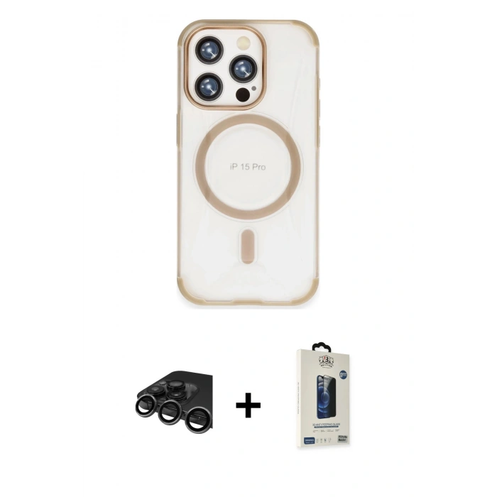 MARSİLYAN™- iPhone 15 Pro Kılıf Eksen Klasik Koleksiyonu - Siyah Bilvis Hayalet Cam Ekran Koruyucu + Raze Metal Kamera Lens - TMGI