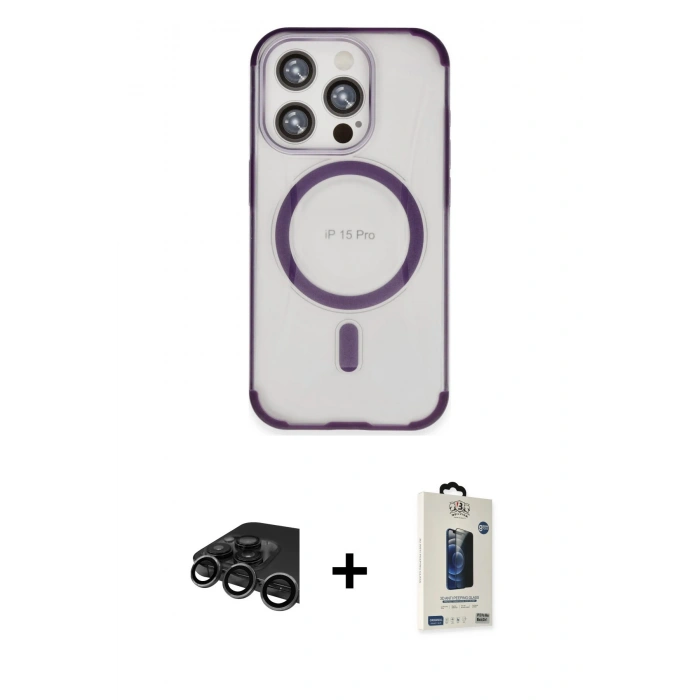 MARSİLYAN™- iPhone 15 Pro Kılıf Eksen Klasik Koleksiyonu - Siyah Bilvis Hayalet Cam Ekran Koruyucu + Raze Metal Kamera Lens - TMGI