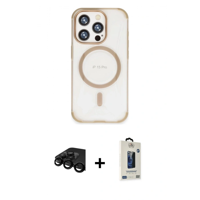MARSİLYAN™- iPhone 15 Pro Kılıf Eksen Klasik Koleksiyonu - Siyah Bilvis Hayalet Cam Ekran Koruyucu + Raze Metal Kamera Lens - SH