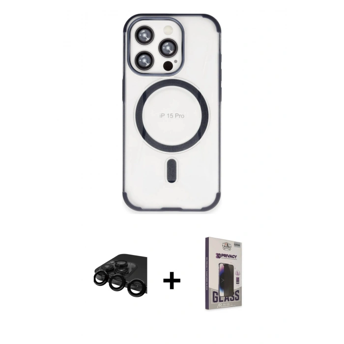 MARSİLYAN™- iPhone 15 Pro Kılıf Eksen Klasik Koleksiyonu - Siyah Bilvis Hayalet Cam Ekran Koruyucu + Raze Metal Kamera Lens - SH