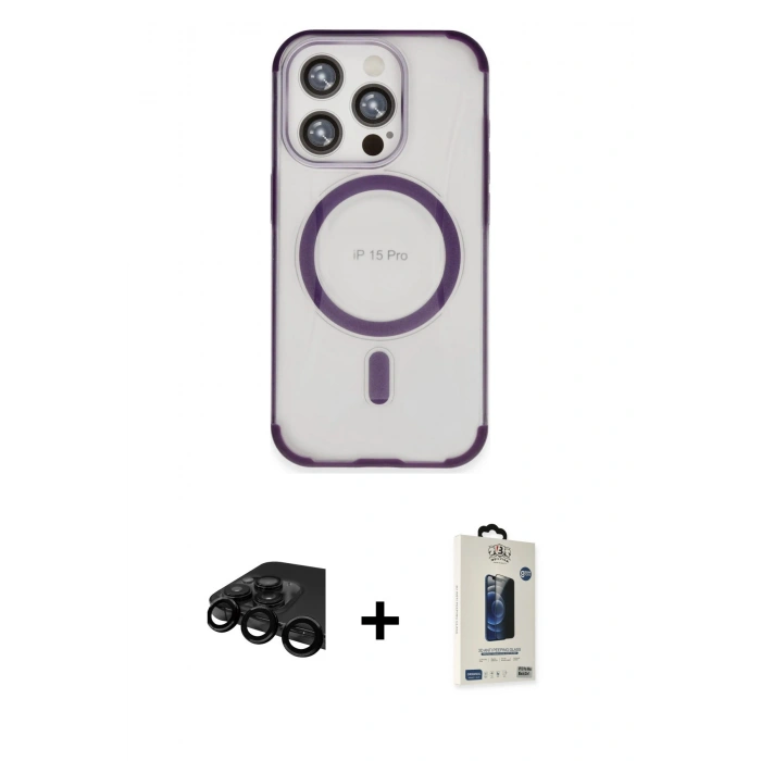 MARSİLYAN™- iPhone 15 Pro Kılıf Eksen Klasik Koleksiyonu - Siyah Bilvis Hayalet Cam Ekran Koruyucu + Raze Metal Kamera Lens - SH