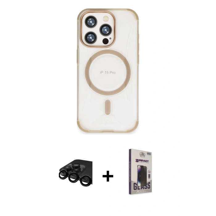 MARSİLYAN™- iPhone 15 Pro Kılıf Eksen Klasik Koleksiyonu - Siyah Bilvis Hayalet Cam Ekran Koruyucu + Raze Metal Kamera Lens - SH